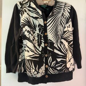 Lauren Ralph Lauren Women’s M Silk Front Blouse Cardigan Black White Floral